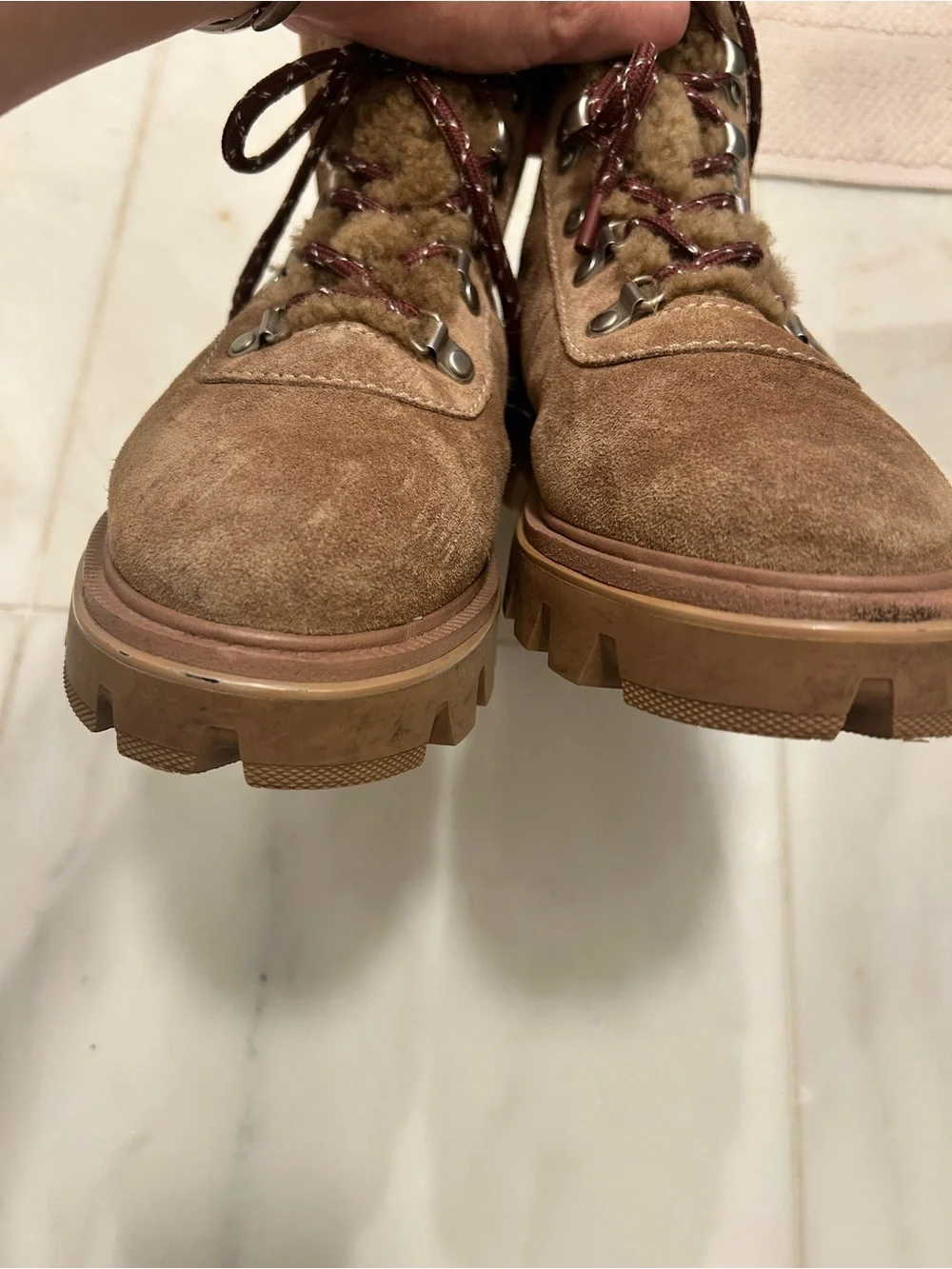 rag & bone Tan Suede Lace-Up Lug Boot with Shearling Collar